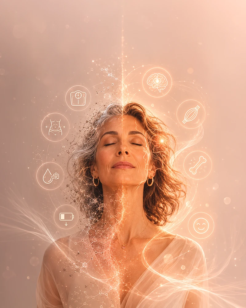 Representação conceitual da menopausa, com mulher 40+ em equilíbrio e ícones relacionados a metabolismo, sono, humor e saúde óssea